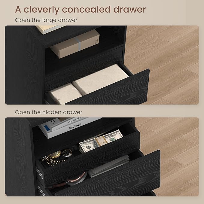 Nightstand with Charging Station and LED Light, 26" H with Hidden Drawer, 3 Drawers,Modern Night Stand for Bedroom, Black