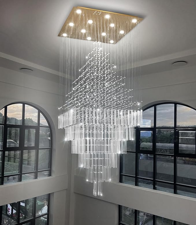 W32 x H120 Glam Chandelier with LED Bulbs Square Chandeliers, Crystal Raindrop High Ceiling Pendant Light for Entrance Large Villa Foyer Lighting Fixtures Gold