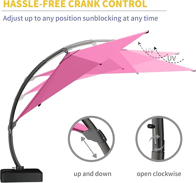 Kingdura 11ft Offset Cantilever Patio Umbrella with Base Included, Large Round Aluminum Outdoor Umbrella, 360° Rotation & Infinite Tilt, Heavy Duty Frame for Deck Pool Backyard, Rose Pink