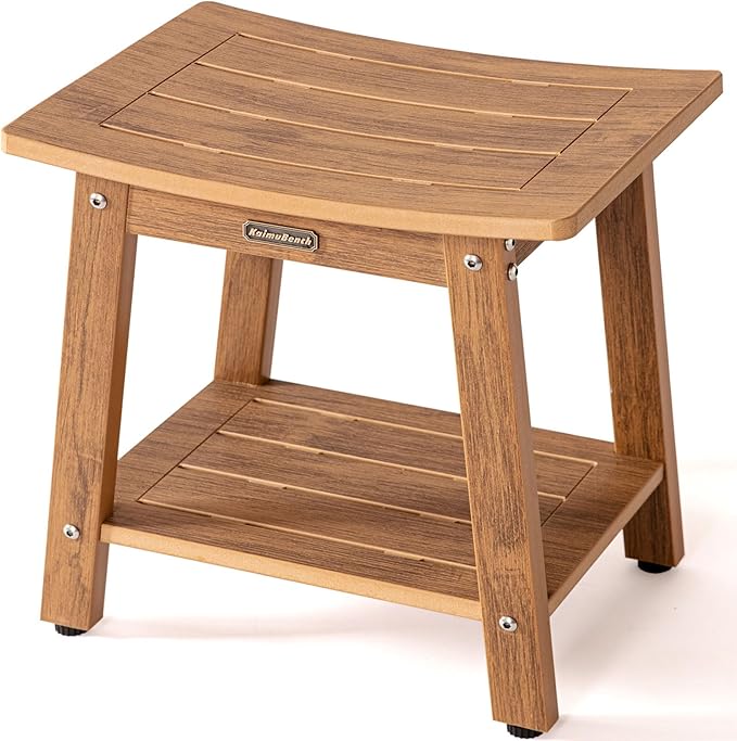HDPS Shower Bench Seat for Inside, Waterproof Poly Lumber Shower Stool for Shaving Legs, Bathroom Foot Rest with Storage Shelf, Plastic Bath Chair Seat for with Adjustable Feet, No Maintenance, Brown