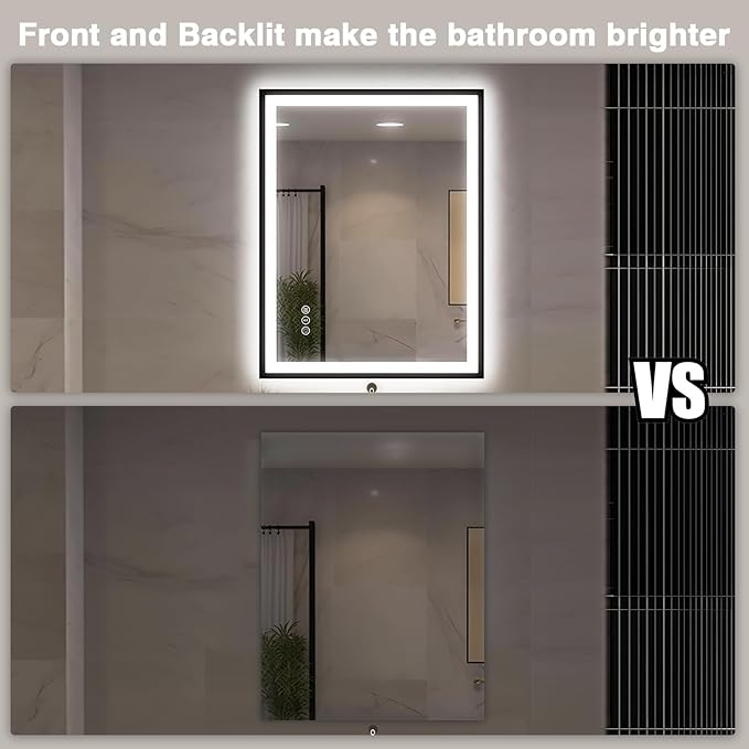 30x36 LED Bathroom Mirror with Lights - Black Framed, Front and Backlit Mirror, Anti-Fog Vanity Mirror with Lights,Stepless Dimmable LED Mirror, 3 Colors Smart(Horizontal/Vertical)
