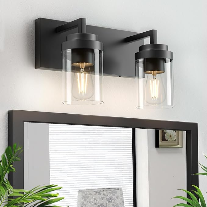 Espird Bathroom Vanity Fixtures, 2 Light Matte Black Vanity Light with Clear Glass Shade, 15in Farmhouse wall Light, Lighting Fixture Over Mirror for Bathroom