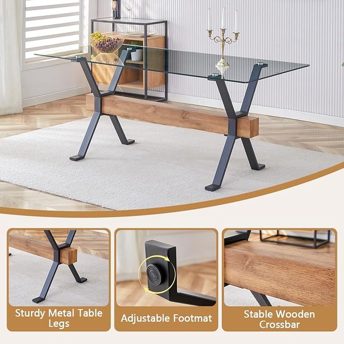 Glass Dining Table 71"｜Modern Dining Table for 6-8｜0.4" Thick Tempered Glass Top｜Matte Black Metal Legs｜Wooden Crossbar｜Easy Assembly｜Perfect for Dining Room or Kitchen