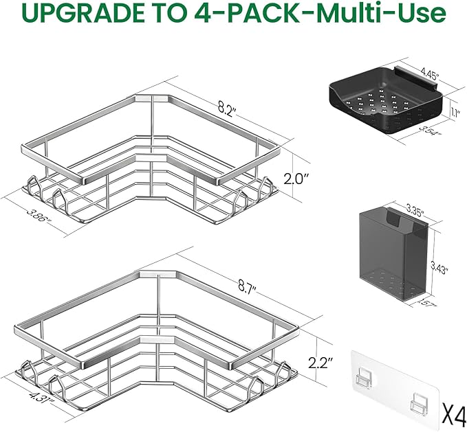 Adhesive Shower Caddy, 4 Pack Corner Bath Organizer, Rustproof Stainless Steel Shower Shelves with Large Capacity, No Drilling Shelves for Bathroom Storage, Home, Kitchen Decor (Silver).