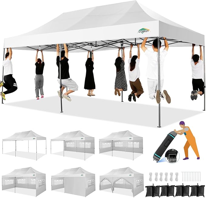 COBIZI 10x20 Heavy Duty Pop up Canopy Tent with 6 sidewalls Easy Up Commercial Outdoor Wedding Party Tents for Parties All Season Wind & Waterproof Gazebo Roller Bag,White(Frame Thickened)