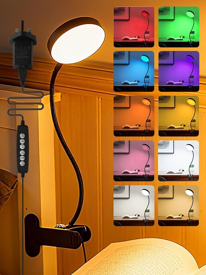 Desk Lamp,10 Colors RGB&Warm White Desk Light,10 Brightness Dimmable Clip On Lamp,500LM Bright Reading Light,USB Adapter Table Lamp for Office,Computer,Work,Study,Craft,Bedside Table,Bedroom