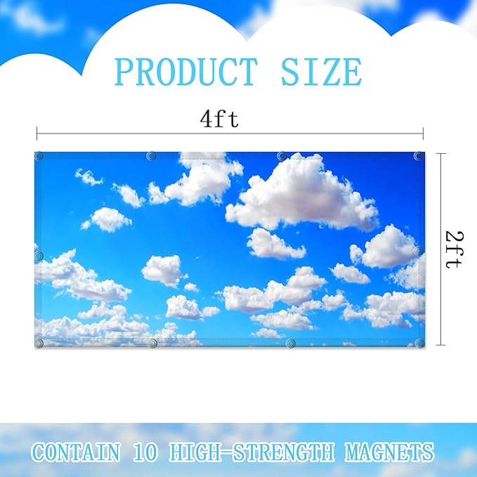 4 Pack Fluorescent Light Covers for Ceiling Lights -Magnetic Cloud Cover for Fluorescent Or LED Fixture 2ft x 4ft Classroom,Home,Office Decoration Filters Overhead Lighting-white clouds