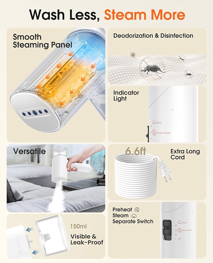 Handheld Steamer for Clothes, 1200W Foldable Travel Steamer, 20 Sec Preheat Garments Wrinkle Remover, 120V Portable Hand Iron with 150ml Water Tank, Clothes Steamer for Home Travel-White