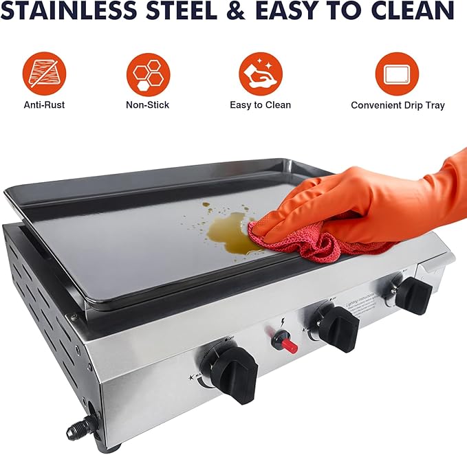Llamaviva Flat Top Grill with 3 Burners -Auto Ignition Propane Portable GasGrill Premium Stainless Steel Body Tabletop Grill FlatGrills Outdoor Cooking Portable