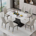 Modern Dining Table Set for 6, Marble Kitchen Table Chair Set for 6, Rectangular Kitchen Table with 6 Pu Leather Upholstered Chair for Dining Room (White with 6 Light Grey Chairs)