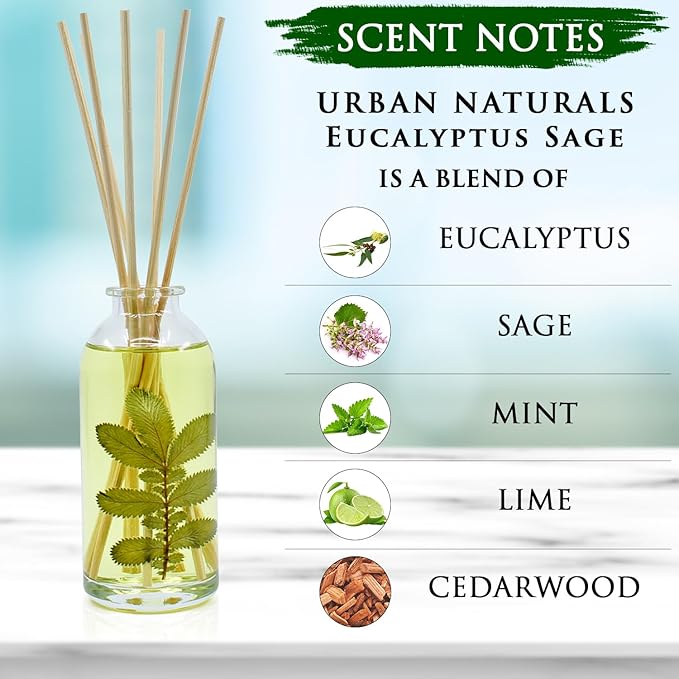 Urban Naturals Eucalyptus Sage Reed Diffuser Oil Gift Set | Eucalyptus, Sage, Mint, Lime & Cedarwood Essential Oils| Soothing & Relaxing Scent for Bathroom or Bedroom