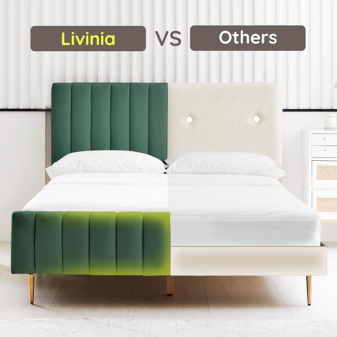Livinia Queen Size Elton Velvet Platform Bed, Upholstered Bed Frame with Vertical Channel Tufted Headboard Footboard, Strong Wood Slats, No Box Spring Needed, Green (Queen)