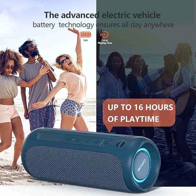 SOWO Portable Bluetooth Speaker, IPX7 Waterproof Wireless Bluetooth Speaker, Bassboom Technology, 25W Loud Stereo Sound, LED Light with TWS Pairing, 16H Playtime for Home and Outdoor -Blue