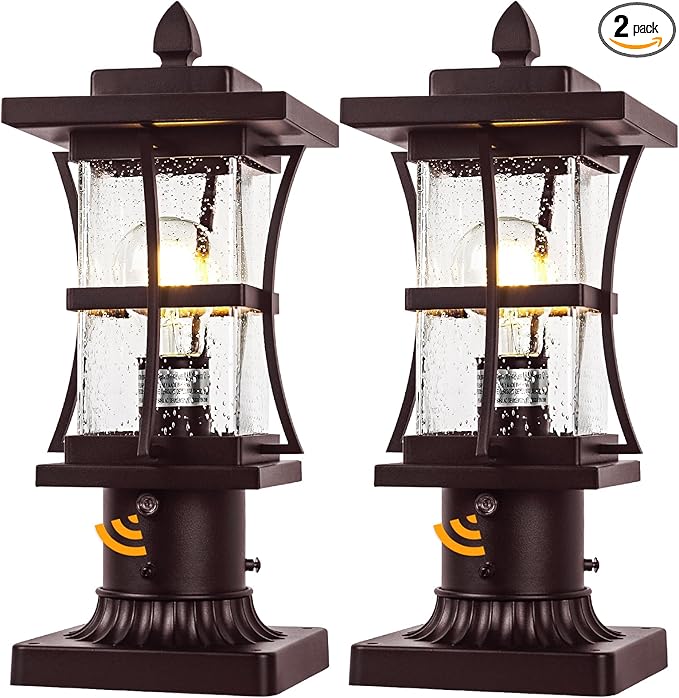 Dusk to Dawn Bronze Outdoor Post Light Fixtures with Pier Mount Base, 2 Packs Outdoor Pole Lighting, Waterproof Pillar Lantern, Farmhouse Outside Column with Seeded Glass for Pathway, Garden, Patio