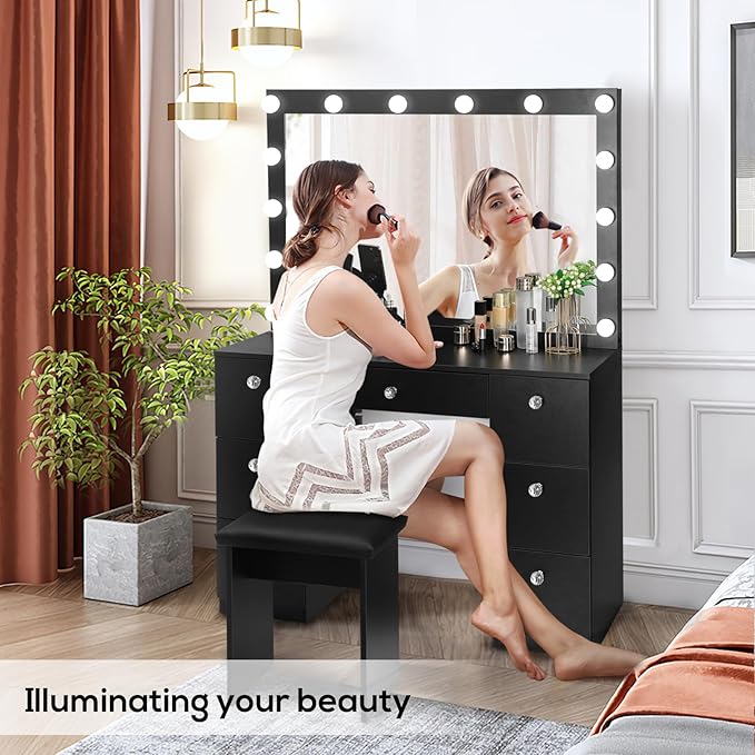 SMOOL Vanity with Lighted Mirror, Makeup Vanity Desk with Power Outlet and LED Bulbs, 3 Color Lighting Modes Adjustable Brightness, 7 Drawers Vanity Table with Cushioned Stool for Bedroom,Black