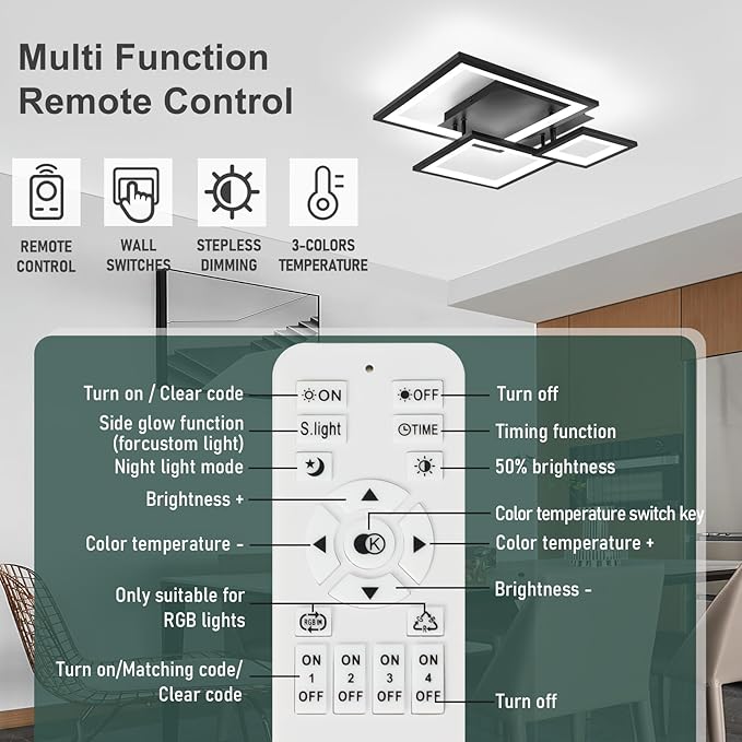 Modern Black Led Ceiling Light 3-Square Design 3000K-6500K Dimmable LED Ceiling Light with Remote 33W Acrylic Ceiling Lighting Fixture for Bedroom Kitchen Dining Room Office Lamps