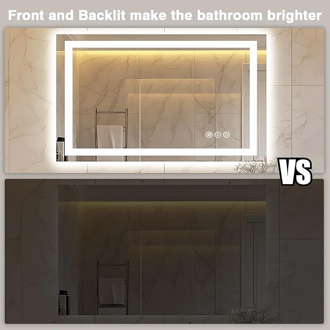40"x24" LED Bathroom Mirror, Front and Backlit, Anti-Fog Bathroom Vanity Mirror, Stepless Dimmable Lighted, 3 Colors Smart Mirror (Horizontal/Vertical)