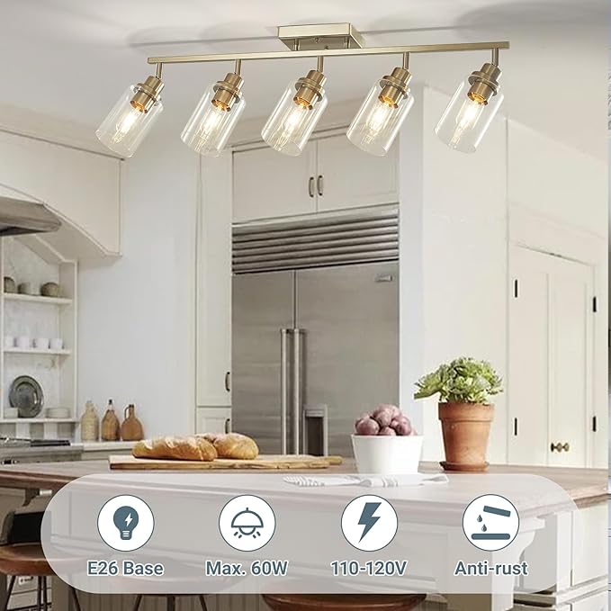 LOUSACE 5-Light Brushed Nickel Track Lighting Kit with Clear Glass, Modern Track Light Fixtures Flush Ceiling Mounted, Tracking Vanity Lighting Rotatable Spotlight for Kitchen Bathroom Accent Shop