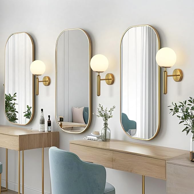 KCO Lighting Brass Wall Sconces Set of Two Milk Glass Globe Wall Light Brushed Gold Wall Sconce Modern Bathroom Wall Light Fixtures Mid Century Bedside Sconces Set of 2