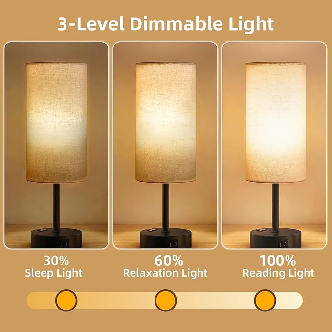 Table Lamp for Nightstand, High-Sensitivity Touch, 3-Level Dimmable Bedside Lamp with AC Outlet | USB | and USB-C, Ideal Night Stand Lamp for Bedroom, Reading, Living Room (Beige&Black)