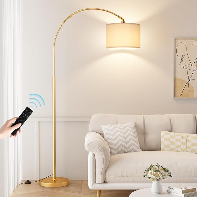 Ambimall Dimmable Arc Floor Lamp with Remote, Color Temperatures and Brightness Adjustable, Arched Floor Lamp with Rotating Head, Over Couch Arched Reading Light for Living Room (Deep Beige and Gold)