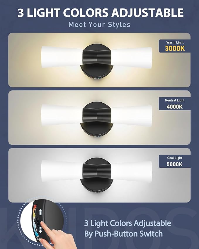 kudos Bathroom Sconces Set of 2, 16inches Black Vanity Light Fixtures, Modern Bathroom Light Fixtures with Milk White Glass, Dimmerable 3000K/4000K/5000K for Bedroom Hallway, KDVL13-BK-2PK