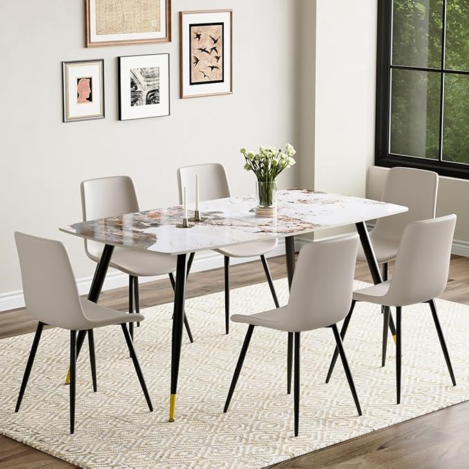 7 Piece Modern Dining Set, 62'' Sintered Stone Dinner Table for 6, Easy to Assemble