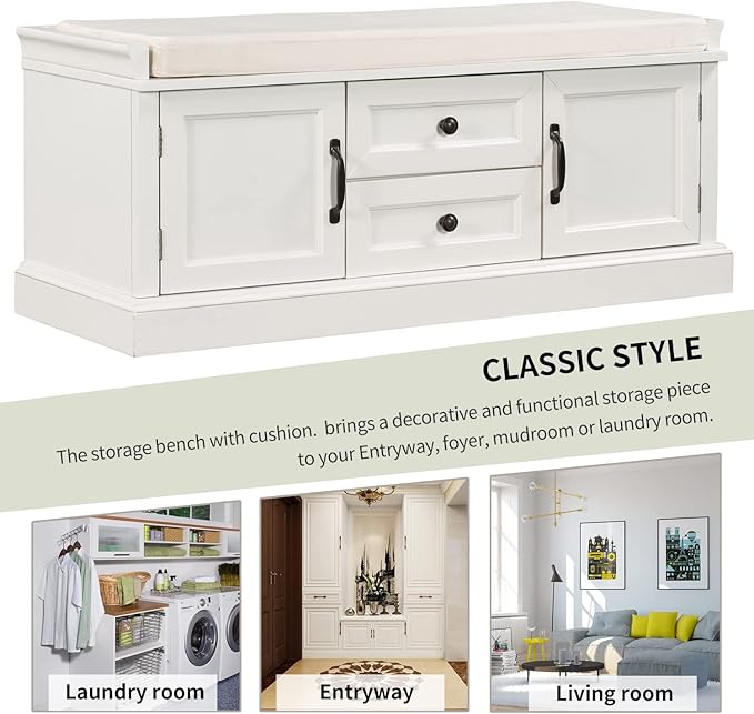 Entryway Storage Bench with Drawers & Cabinets — Cushioned Shoe Storage Bench for Hallway, Mudroom, or Living Room, Solid Wood Frame (White)