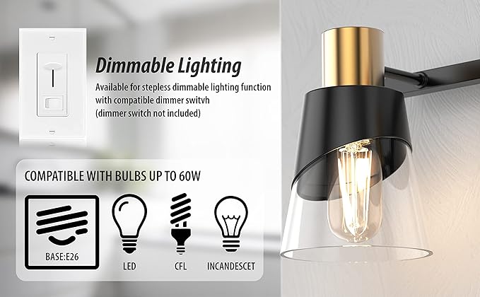 URSOLA Bathroom Light Fixtures, 4 Lights Bathroom Lighting Fixtures Over Mirror, 28.34 inch Black and Gold Design with Bevelled Edge and Clear Glass Shade Wall Lamp