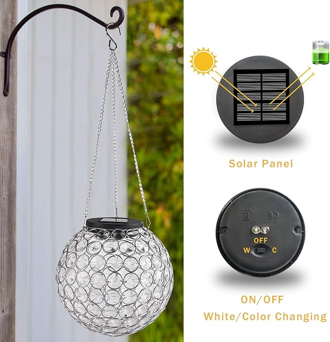 Solar Hanging Lantern Outdoor Lights, Dual LEDs Color Changing and Cool White Hanging Light Waterproof Crystal Globe Lamp Decoration in Garden, Pathway, Front Door - Clear