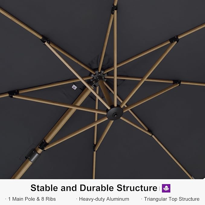 PURPLE LEAF 10FT Patio Umbrella Square Cantilever Umbrella Teak Finished Aluminum Frame Large Windproof Offset Outdoor Sun Umbrellas for Beach Pool Deck, Grey