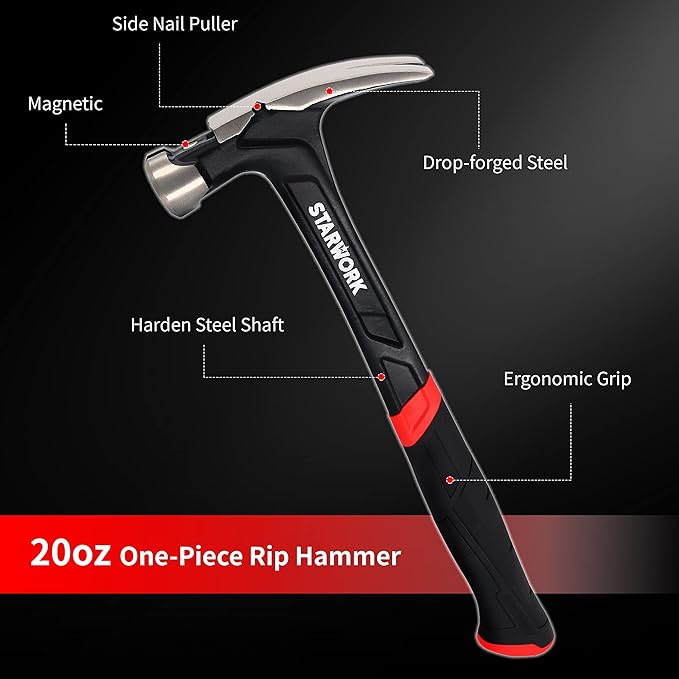 STARWORK 20 oz Hammer with Comfort Grip, Nailing Hammer Steel Head Steel Handle, AntiVibe, Rip Claw