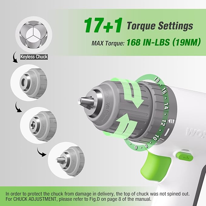 WORKPRO 12V Cordless Drill Driver Set, Electric Power Drill Tool Kit with 6 Pcs Bits, 3/8-Inch Keyless Chuck, Variable Speed, 18 Touque Setting, Type-C Charge Cable, Led Light, White