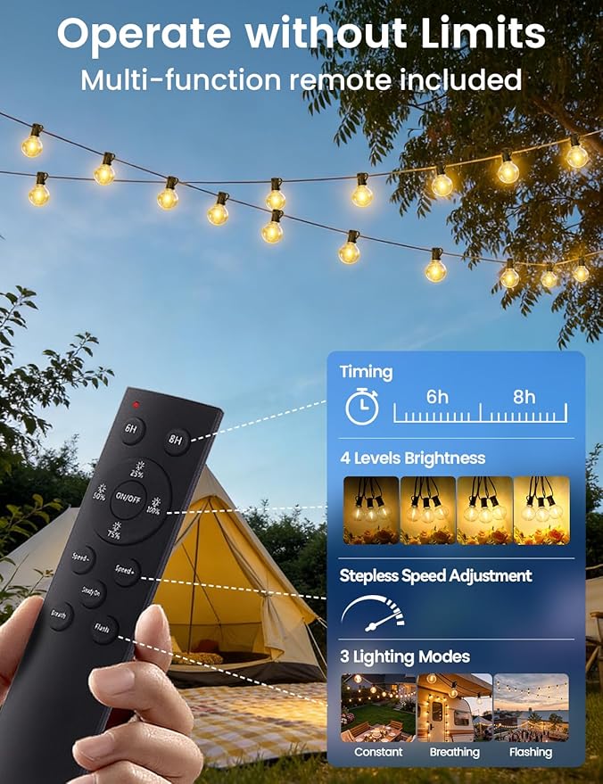 Brightever G40 Solar String Lights Outdoor with Remote, 200FT 72+2 LED Shatterproof Bulbs, Dimmable & Timable, 3 Lighting Modes, Waterproof Solar Power Outdoor Lights for Patio, Market, Wedding