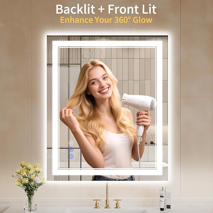 30"x38" LED Bathroom Mirror with Lights, Anti-Fog, Backlit + Front Lit, Dimmable, Led Vanity Mirror for Wall, Lighted Bathroom Mirror, 3 Colors, Shatter-Proof Tempered Glass