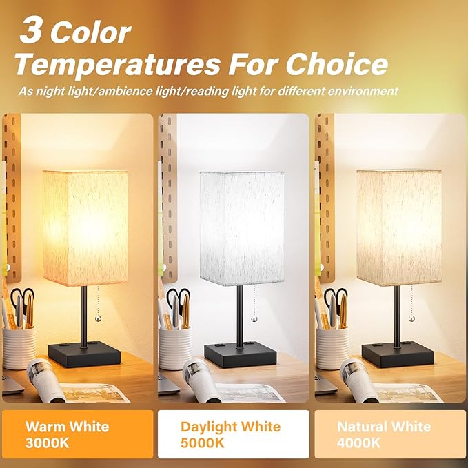 aooshine Medium Table Lamp with USB Ports - 3 Color Temperature Bedside Lamp for Bedroom, Pull Chain Control, USB A and C Ports, 2 AC Outlets, Bulb Included