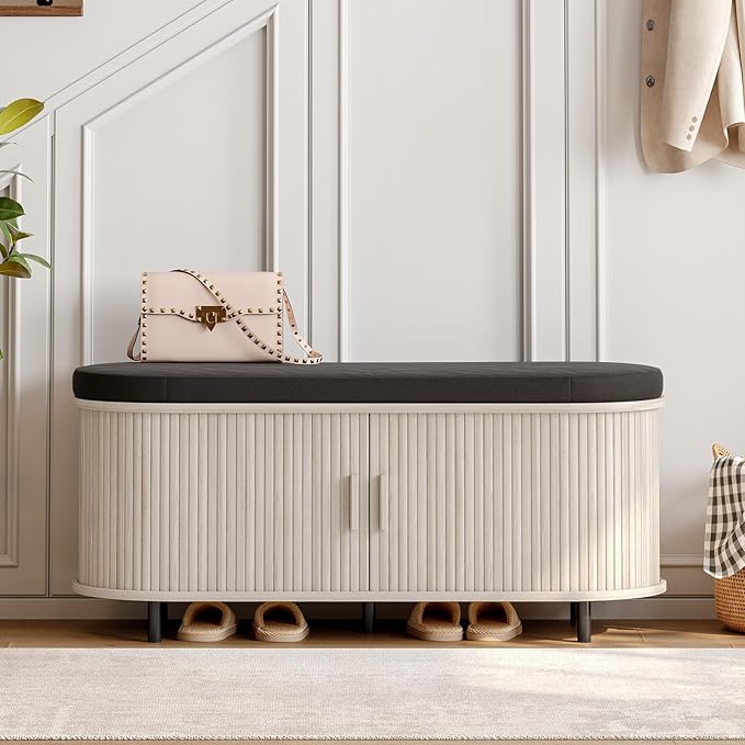 ONBRILL 43" Shoe Bench with Storage, Fluted Shoe Storage Bench with Cushion, Sliding Door and Adjustable Shelf, for Entryway, Hallway, Living Room, Natural White