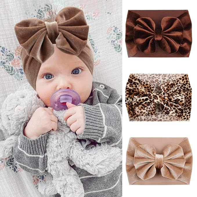 YanJie Hairband - Soft Velvet Baby Headbands with Big Bows, Leopard Color, Handmade for Baby Girls from Newborn to Toddler