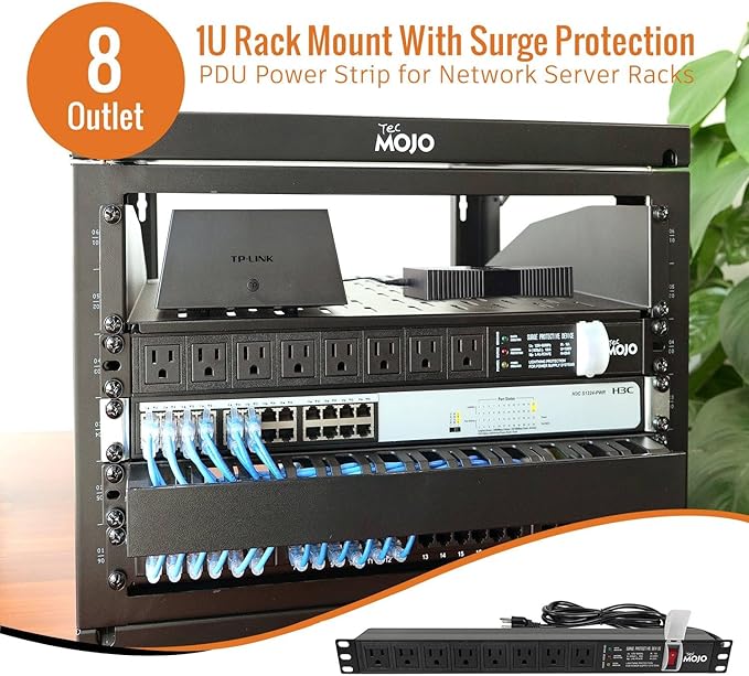 Tecmojo 1U Rack-Mount Horizontal 8-Outlet Power Strip UL Listed PDU with Surge Protection LED Indicators 6ft Cord Power Distribution for IT and Network Server Racks