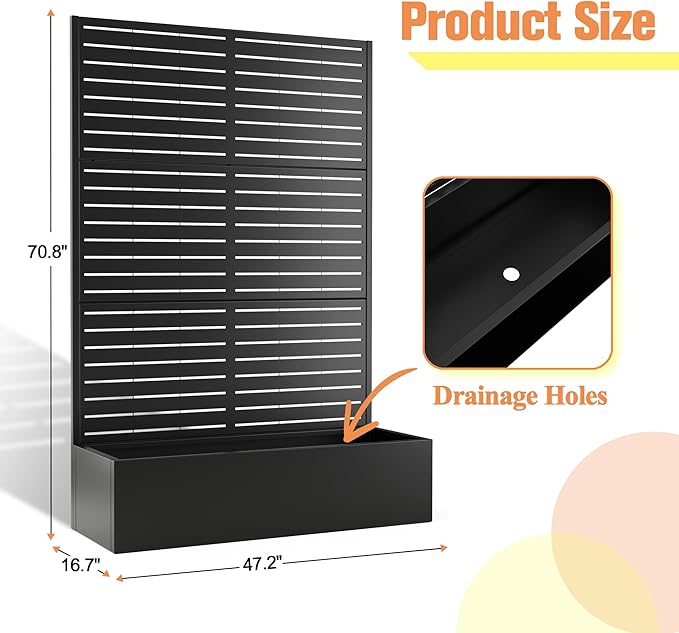 Metal Planter Box with Trellis Raised Garden Bed with Trellis 71"x47"x16", Trellis with Planter Box & Privacy Screen, Metal Planter Box for Climbing Plants, Vegetable, Vines(Black, Louvered)