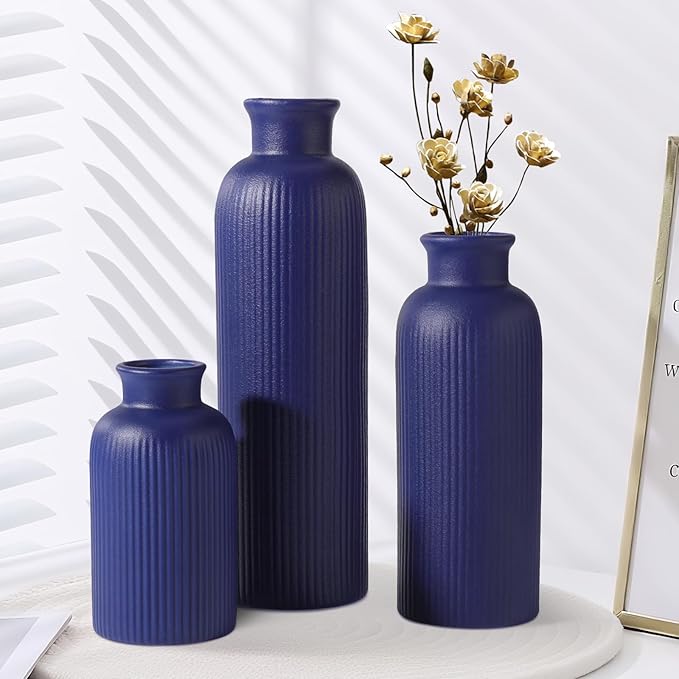 Small Navy Blue Ceramic Vase Set of 3, Boho Modern Navy Blue Flower Vase Room Decor, Farmhouse Decor, Vases for Your Kitchen, Bathroom, Bedroom, Living Room, Office&Shelf Centerpiece Table Decorations