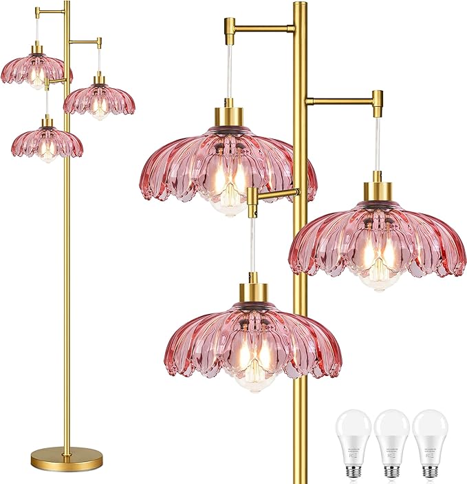 Pink Floor Lamp for Living Room,Bedroom,Gold Mid Century Modern Standing Lamp Brass Tree 3 Light Tall Floor Lamps Vintage Retro Floor Lights Glass Flower Lamp Shade Farmhouse Boho Bohemian