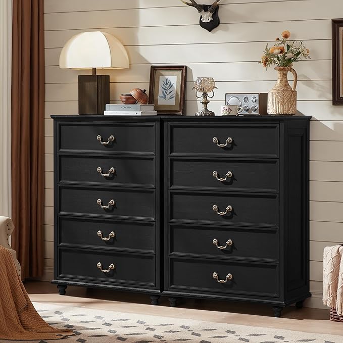 Farmhouse 5 Drawer Dresser Set of 2 for Bedroom, 45" Tall Rustic Chests of Drawers w/ 4 Solid Wood Feet, Vintage Mid Century Wooden Closet Storage Dressers Organizer for Living Room, Black