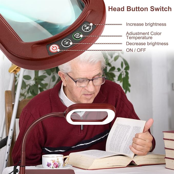 Veemagni 10X Rectangle Magnifying Glass with Light and Stand, Flexible Gooseneck LED Lighted Desk Lamp, 5 Color Modes Stepless Dimmable, Hands Free Magnifier for Reading Painting Close Work - Red
