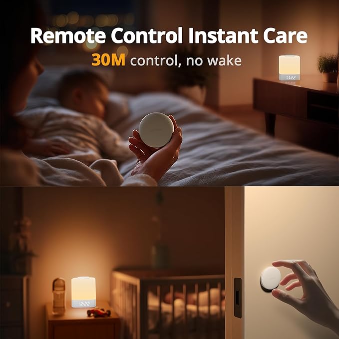 Lyridz LED Nursery Night Light with Clock, Portable Breastfeeding Table Lamp for Baby with Remote Control, Dimmable, 3 Color Temperature, 4000mAh Rechargeable Battery, White