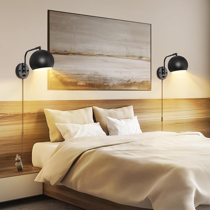 VATONI Wall Sconce with Remote Control, Dimmable Plug in Wall Sconces and Adjustable Color Temperature 2700K~6000K, Globe Swing Arm Wall Lights with Plug in Cord(2 Pack, 2 Bulbs)