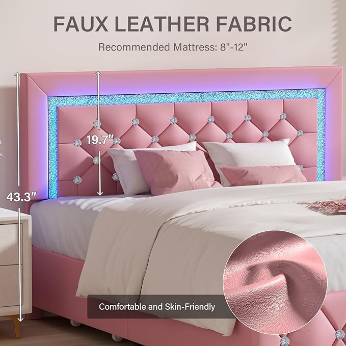 BarnFurin Queen Bed Frame with LED Lights, Upholstered Bed Frame with 4 Storage Drawers, Princess Platform Bed with Diamond Headboard and Footboard, No Box Spring Needed, Pink