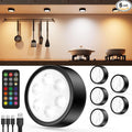 Rechargeable Under Cabinet Puck Lights with Remote Control, Black 2400mAh Battery Operated Push Button Light Stick On Magnetic Tap Lights Wireless Color Changing Touch Light for Closet Kitchen Counter
