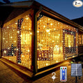 2 Pack Solar Curtain Lights Outdoor Garden Fairy String Lights 300 LED 8 Modes Remote Control Waterproof Solar Waterfall Lights for Gazebo Patio Party Festival Wedding Christmas Decorations(Warm)