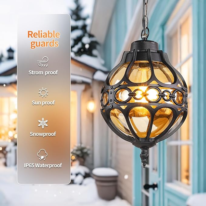 Dusk to Dawn Rust proof Outdoor Pendant Lights,Waterproof Aluminum Black Sphere Outdoor Chandelier for Porch,Gazebo,Vintage Exterior Hanging Pendant Light Fixtures with Adjustable Chain,with Sensor